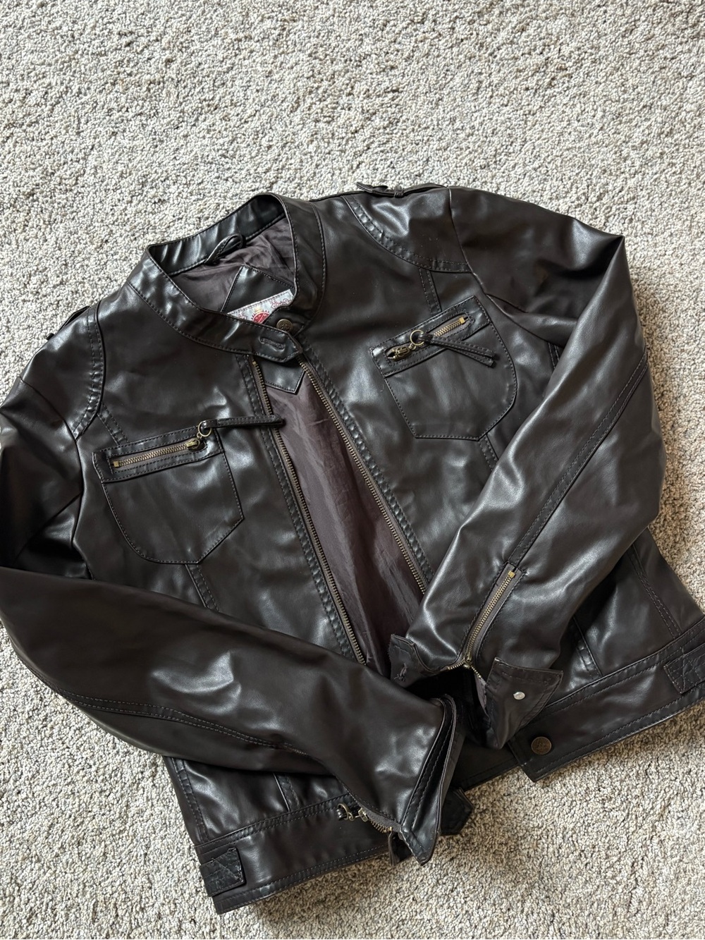 Men's Dark Brown Faux Leather Biker Jacket - Classic Zip Front